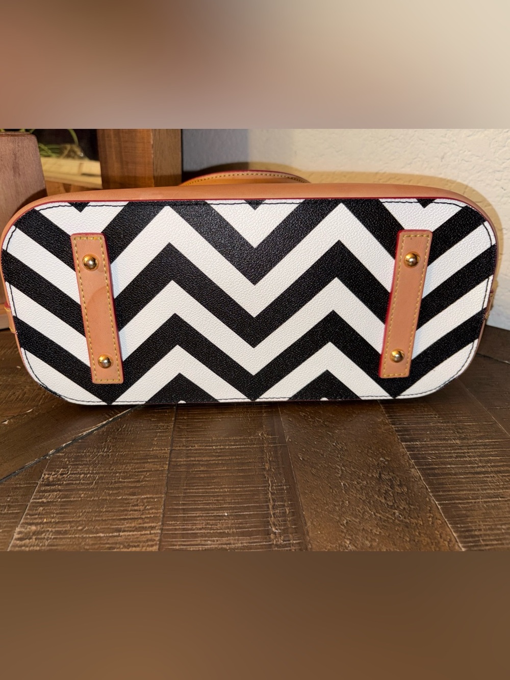 Dooney & Bourke Black and White Chevron Satchel with Tan Trim - Picture 5 of 12